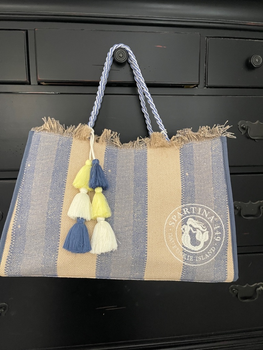 Spartina 449 Blue and Cream Striped Tote with Tassel Charm